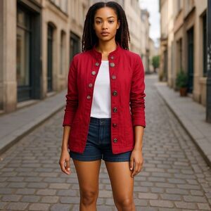 Peck & Peck Red Mandarin Collar Jeweled Button Down Jacket Size Small